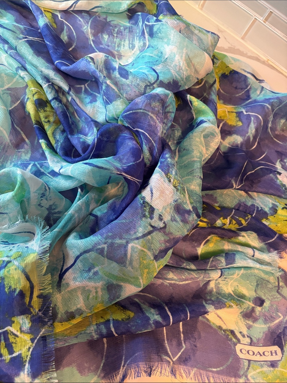 Coach Blue & Green Abstract Circle Print Scarf